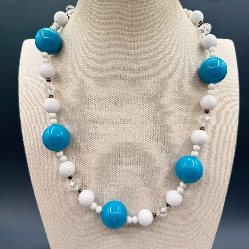 Blue White Clear Beaded Necklace Chunky Statement Retro Lucite Crystal 20in Gift